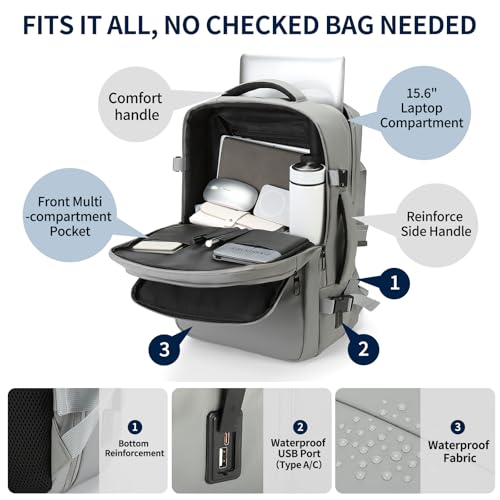 Travel Backpack for Men, 18 Inch Carry on Laptop Backpack with USB A/C Port, 40L Expandable TSA Flight Approved Bag Pack, Black, Gray - color: Gray