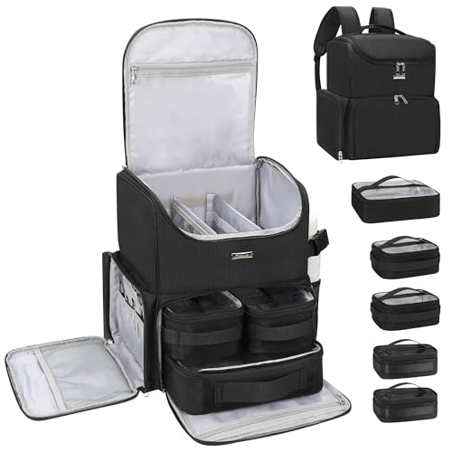 Relavel Makeup Backpack Large Bag with 5 Clear Set Bags, Dual Layer Professional Cosmetic Organizer Travel Train Case Makeup Artist Kit with Adjustable Dividers & Easy to Clean Lining, Black - color: Black with 2 extra clear bags, size: Large