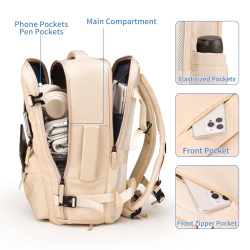 GAEKEAO Travel Backpack for Women Men, Airline Approved 15.6 Inch Laptop Carry On Backpack with Shoe Pouch Luggage Weekender Bag for Travel Business Work Hiking Beige - color: B02 Beige