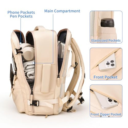 GAEKEAO Travel Backpack for Women Men, Airline Approved 15.6 Inch Laptop Carry On Backpack with Shoe Pouch Luggage Weekender Bag for Travel Business Work Hiking Beige - color: B02 Beige