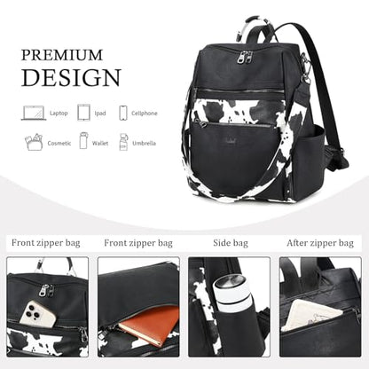 AGLOD Leather Backpack Purse for Women Designer Ladies Shoulder Bag Fashion Faux Work Travel Handbags - color: Cow Black
