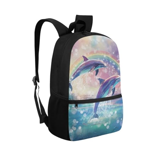ZOUTAIRONG Rainbow Dolphins School Bags and Mini Water Bottle Large Capacity Bookbags Set Casual Backpack with Side Pockets for Small Thermos - color: Rainbow Dolphins
