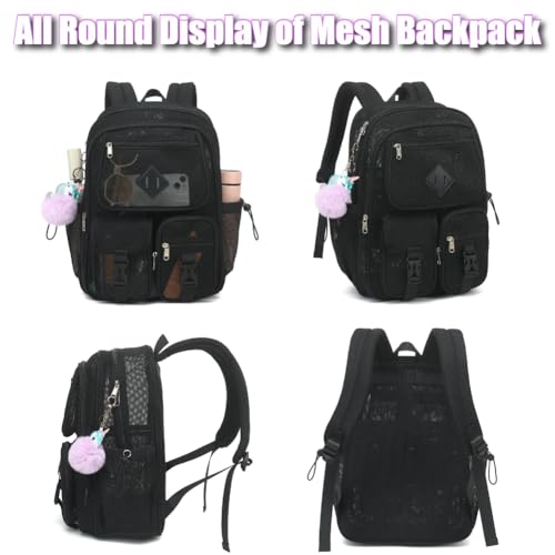 Mesh Backpack for Girls Boys, Heavy Duty Semi-Transparent Bookbag Womens Mens Backpacks for School, Beach, Swimming—Black - color: Black