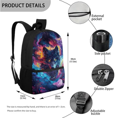 ZOUTAIRONG Bookbag for Teen Girls Mini Thermos with Carry Handle School Bags for Age 7-10/10-12/12-16, Art Galaxy Wolf Print Casual Backpack with Side Pockets - color: Art Galaxy Wolf