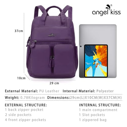 Angel Kiss Backpack Purse for Women Soft Washed Leather Multi Pocket Casual Travel Backpacks… - color: Purple