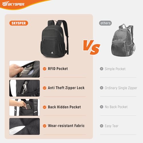 SKYSPER Anti Theft Hiking Backpack, 20L RFID Packable Travel Daypack, Lightweight Foldable Back Pack for Walking Daytrip - color: Black