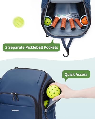 sportsnew Pickleball Bag Large Sports Pickleball Backpack with Shoe Compartment for Men Women, Patent Pending - color: Navy Blue