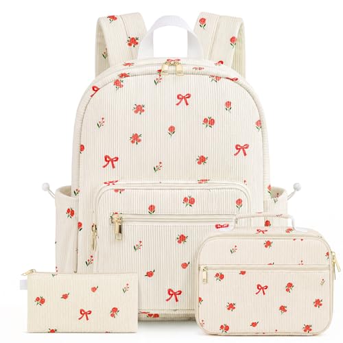 Corduroy Girls Backpack Set，Cute School Backpack for Teens Girls Kids Bookbags for Elementary High School Women Laptop Bags Daypacks Set With Lunch Bag and Pencil Case (Little red flowers, 3 Set) - color: Little Red Flowers, size: 3 Set