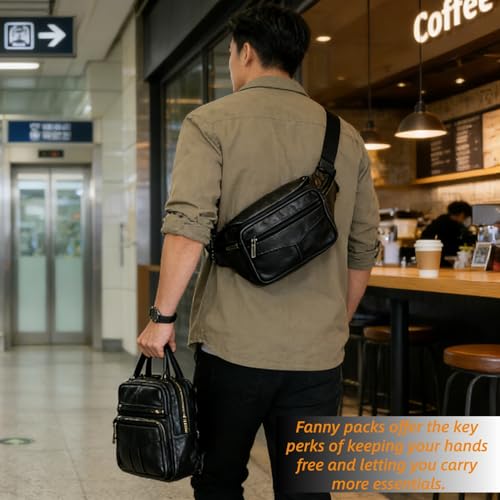 large 6 Pockets Leather Fanny Pack Travel Waist packs Waist Pack Suitable for Outdoor Mountaineering Travel Camping Cycling Running etc Fanny packs (Black) - color: Black 2025 model