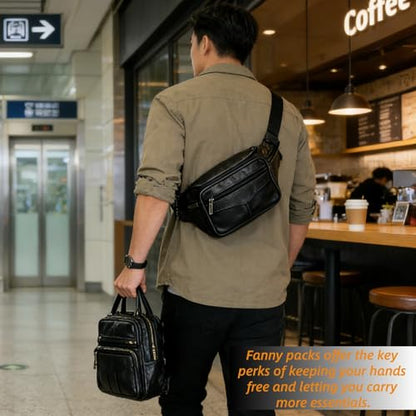 large 6 Pockets Leather Fanny Pack Travel Waist packs Waist Pack Suitable for Outdoor Mountaineering Travel Camping Cycling Running etc Fanny packs (Black) - color: Black 2025 model