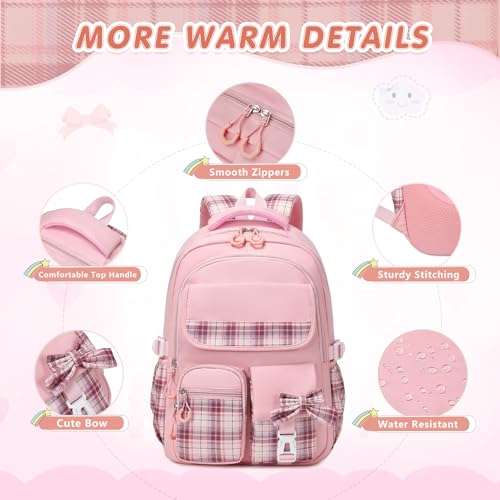 GeeWin School Backpack for Girls, Bookbags Back Pack School Bag for Teen Girl Elementary Middle School Student, Cute Stylish Plaid Girls Backpack with Matching Insulated Lunch Bag & Pencil Bag(Pink) - color: Pink