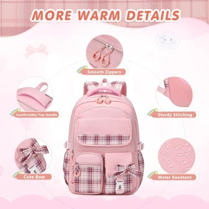 GeeWin School Backpack for Girls, Bookbags Back Pack School Bag for Teen Girl Elementary Middle School Student, Cute Stylish Plaid Girls Backpack with Matching Insulated Lunch Bag & Pencil Bag(Pink) - color: Pink