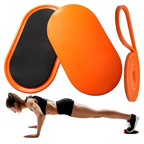 ARCOOL Exercise Core Sliders with Resistance band for Yoga,Dual Sided Abdominal Exercise Gliding Discs Use on Carpet or Hardwood Floors,Orange