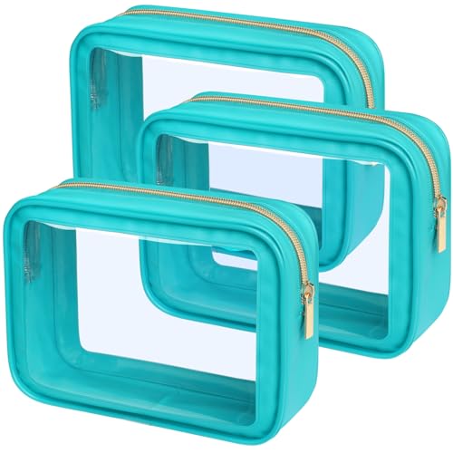 PACKISM Clear Makeup Bag - TSA Approved Toiletry Bag for Carry-on & Checked Luggage, Water Resistant Car Storage Organizer with Reinforced Seams - color: 3 Pack Turquoise Green, size: TSA Specialist (3-Pack Medium - Soft)
