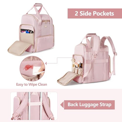 Large Makeup Backpack with 3 Clear Makeup Bags, Double Layers Professional Makeup Travel Case with Brushes Storage Section for Makeup Artists - color: Pink