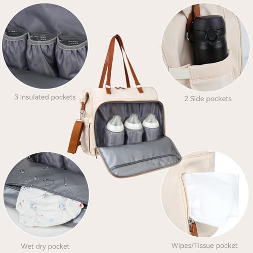 Diaper Bag Backpack Mommy Bag Large Capacity Diaper Backpack Travel Essential Baby Diaper Bag for Mom and Dad, Beige - color: A1-white