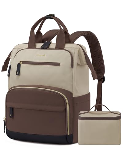 LOVEVOOK Lunch Backpack for Women, 15.6 Inch Laptop Bag with Insulated Cooler Lunch Box, Work Backpack for Teacher Nurse, Travel Backpack Lunch Bag for Camping Picnic Daily Use - color: Coffee-warm Beige, size: 15.6 Inch