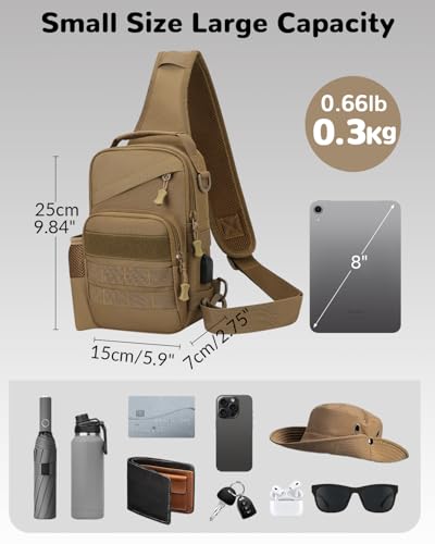 Tactical Sling Bag for Men, Military Outdoor Sports Single Shoulder Backpack with Bottle Holder & Handle, EDC Range Bag Crossbody Chest Pack, Khaki - color: Khaki