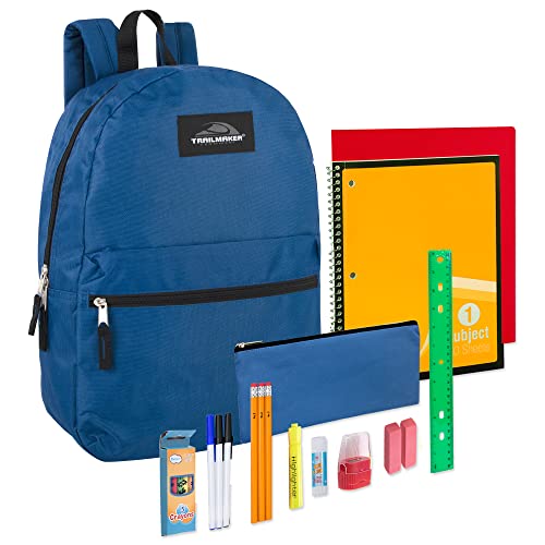 Trail maker Backpack with School Supplies for Kids - 20 Piece Back to School Supplies with 17" Backpack (Navy) - color: Navy Pack