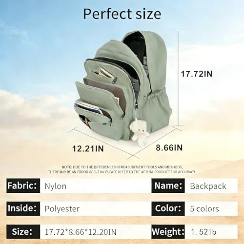 JARKJARD Cute School Backpack for Kids Teen Girls Aesthetic Lightweight Large Capacity Bookbag College Students School Bag Casual Travel Solid Color Daypack（Green） - color: Green
