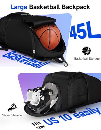 Basketball Backpack Large Sports Bag, Ball Accessories Basketball Equipment Bag with Ball Holder Shoes Compartment - color: Black
