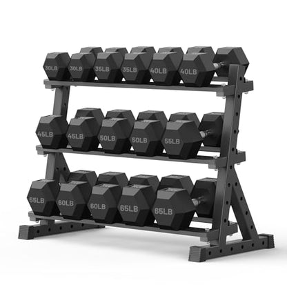 PAPABABE Hex Dumbbell Set with Rack, Rubber Encased Free Weight with Weight Storage Racks, Multiple Weight Options for Home Gym and Fitness - style: 760LB with 3-Tier Weight Rack