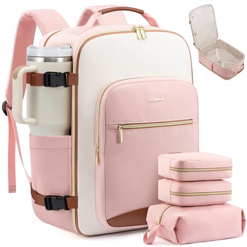 LOVEVOOK 50L Large Travel Backpack for Women Men Fits 17 Inch Laptop, Carry on Backpack for Traveling on Airplane, Personal Item Bag Airline Approved, Business Causal Weekender Backpacks - color: Pastel Pink-beige-brown, size: 50L-18.3 Inch-4Pcs