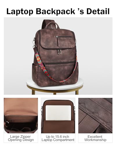 FADEON Laptop Backpack for Women Leather Travel Backpack with Laptop Compartment, Designer Ladies Computer Backpacks Coffee - color: Coffee Brown Retro Style