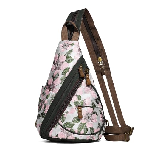 KL928 Canvas Sling Bag - Small Crossbody Backpack Shoulder Casual Daypack Rucksack for Men Women(Embroidery Pink) - color: Canvas-embroidery Pink