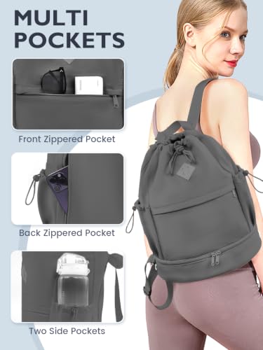 RHDZO Drawstring Gym Backpack with Shoe Compartment & Wet Pocket, Dark Gray - color: Dark Gray