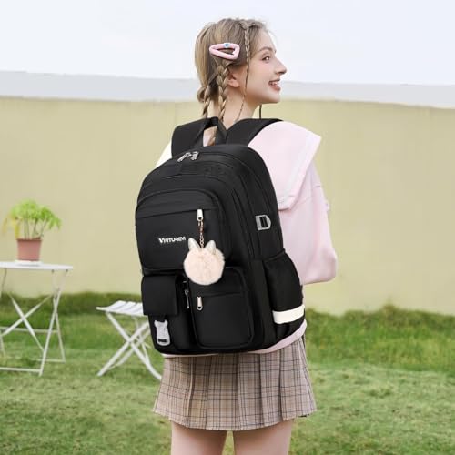 3PCS School Backpack For Student Women College Middle High Teen Girls Bookbag Waterproof Laptop Bag Black - color: Black