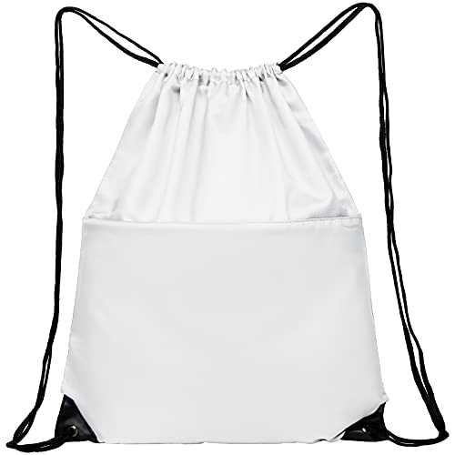 Drawstring Backpack Sports Water Resistant String Bag Sport Gym Sackpack for Women Men Large with Zipper, White - color: White