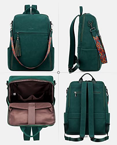 FADEON Leather Laptop Backpack for Women Designer 15.6 inch PU Laptop Bag, Ladies Travel Computer Work Backpack Green - color: Dark Green Suede Style