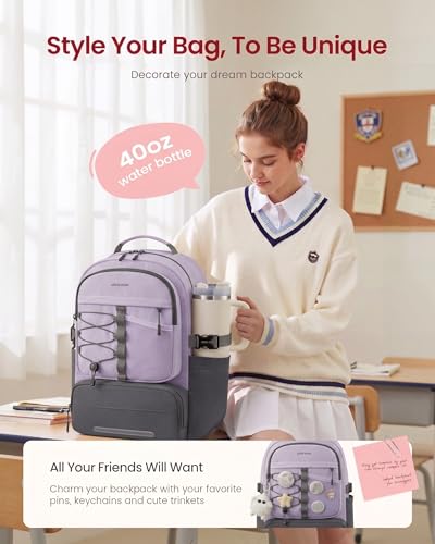 LOVEVOOK School Backpack for Teen Girls, Unique Style College Student Backpacks with Large Cup Holder, Cute Kid Bookbag with Pens Compartment, Large Capacity Back to School Backpack Fit 15.6'' Laptop - color: Purple Grey, size: Medium