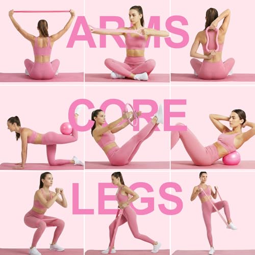 Home Pilates Ring and Ball Set for Women with 5 Resistance Bands 13 inch Magic Circle Workout Starter Kit for Beginners Full Body Toning 15 Min Daily Routine - color: All Pink