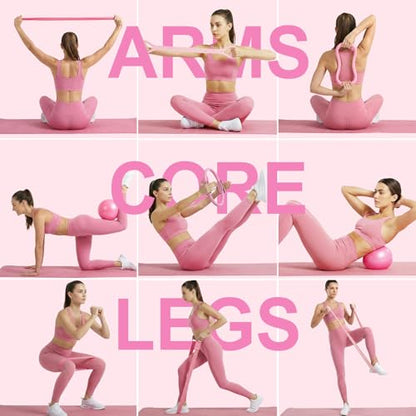 Home Pilates Ring and Ball Set for Women with 5 Resistance Bands 13 inch Magic Circle Workout Starter Kit for Beginners Full Body Toning 15 Min Daily Routine - color: Gradient Pink