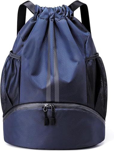 Drawstring Backpack Gym Bag with Shoe Compartment - Ideal for Basketball, Swimming, Beach Activities, Unisex - color: Navy Blue