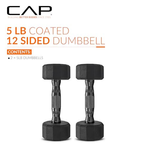 CAP Barbell Coated Dumbbell Weight | Multiple Options Pairs & Sets - size: 5 lb - Pair, style: 12-Sided - Black Handle