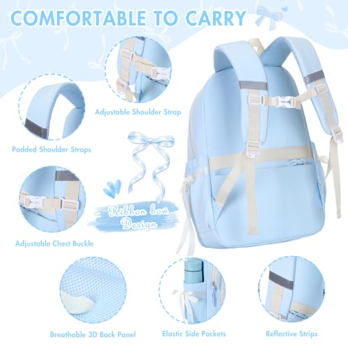 Kids Backpack for Girls - 3PCS Cute Embroidered Bow Girls Backpack with Insulated Lunch Bag & Pencil Case - Bookbag for Teen Women Middle High School College Work Travel Daypack - color: Blue Beige