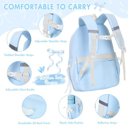 Kids Backpack for Girls - 3PCS Cute Embroidered Bow Girls Backpack with Insulated Lunch Bag & Pencil Case - Bookbag for Teen Women Middle High School College Work Travel Daypack - color: Blue Beige