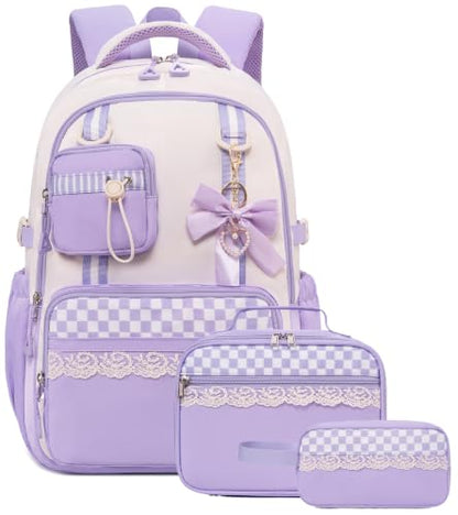 Bluboon Backpack for School Teen Girls Bookbags with Lunch Bag & Pencil Case Aesthetic Water Resistant School Bags for Kids - color: Purple Gingham