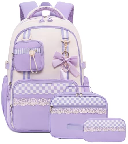 Bluboon Backpack for School Teen Girls Bookbags with Lunch Bag & Pencil Case Aesthetic Water Resistant School Bags for Kids - color: Purple Gingham