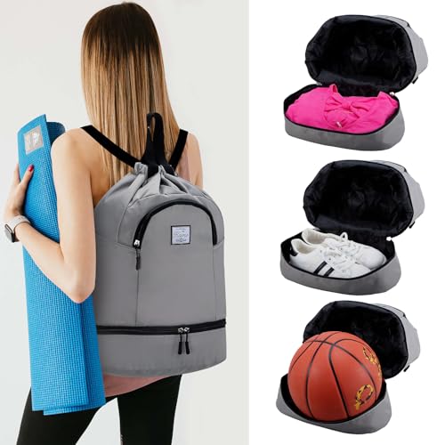 Kamo Drawstring Backpack Bag - Sport Swimming Yoga Backpack with Shoe Compartment, Two Water Bottle Holder for Men Women Large String Backpack Athletic Sackpack for Travel - color: Light Grey