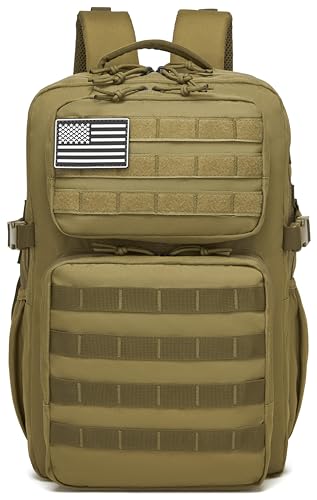 Wotony Military Tactical Backpack for Men Waterproof Daypack 3 Day Assault Pack Molle Bag with Water Bottle Holder - color: Khaki, size: 35L