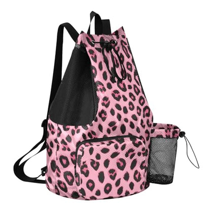 Bolaz Beach Drawstring Backpack Mesh Swim Bag for Men Women Pinks Leopard Cheetah Swimming Gym with Wet Pocket Packable Sports - color: Pinks Leopard Cheetah