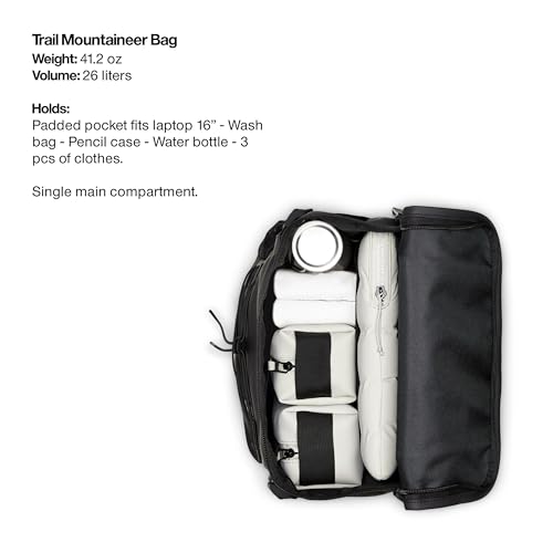 RAINS Trail Mountaineer Bag - Black Waterproof Laptop Backpack for Men and Women - Large Outdoor Hiking Bag with 16” Laptop Pocket, 26L Capacity, 2 Year Warranty
