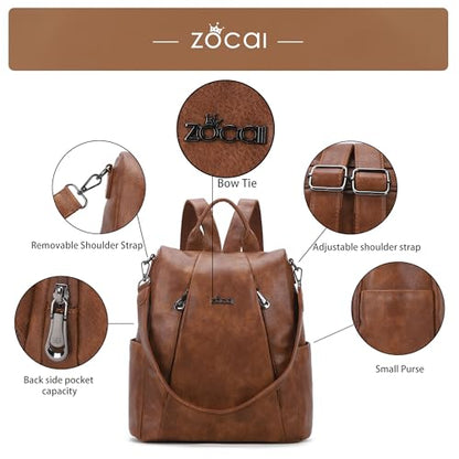 ZOCAI Backpack Purse for Women Medium Anti-Theft Backpacks Purses Design Leather Shoulder Bags with Removable Strap - color: 1-retro Brown
