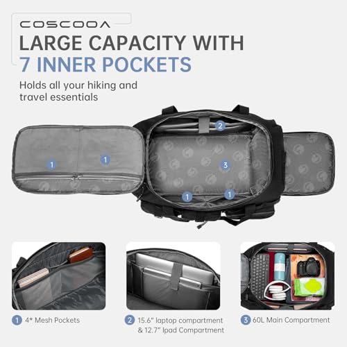 Gym Bags for Men with Shoe Compartment 60L Tactical Duffle Bag 3 in 1 Carry on Duffel Bag Travel Backpack Weekender Overnight Range Bag for Workout Football, Black - size: 60L