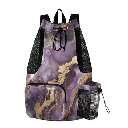 Beach Drawstring Bags Pool Bag With Water Bottle Pocket Cinch Back Sack Wet and Dry Separation Purple and Gold Marble Texture - color: Color 26