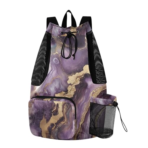 Beach Drawstring Bags Pool Bag With Water Bottle Pocket Cinch Back Sack Wet and Dry Separation Purple and Gold Marble Texture - color: Color 26